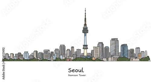 Seoul Skyline and N Seoul Tower A Cityscape Illustration