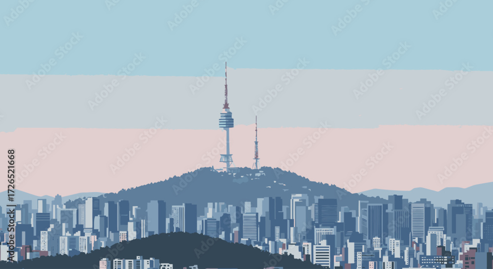 Obraz premium Pixelated Urban Vista Iconic Communication Tower Dominates a Retro Cityscape at Dusk
