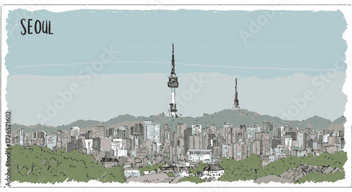 Hand-drawn artistic illustration of the Seoul, South Korea cityscape with Namsan Tower