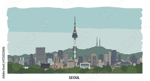 Modern vector illustration of Seoul's vibrant cityscape featuring an iconic tower