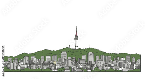 Vector illustration of a modern Asian city skyline with a tower on a green hill
