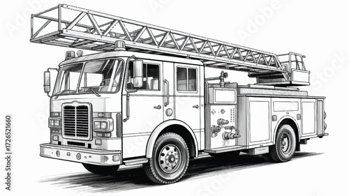 A detailed black and white pencil sketch of a vintage fire truck with a long extendable ladder.  