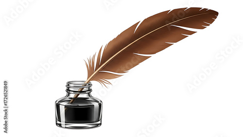 Feather quill pen and ink pot illustration for writing history literature calligraphy concept design art on transparent background