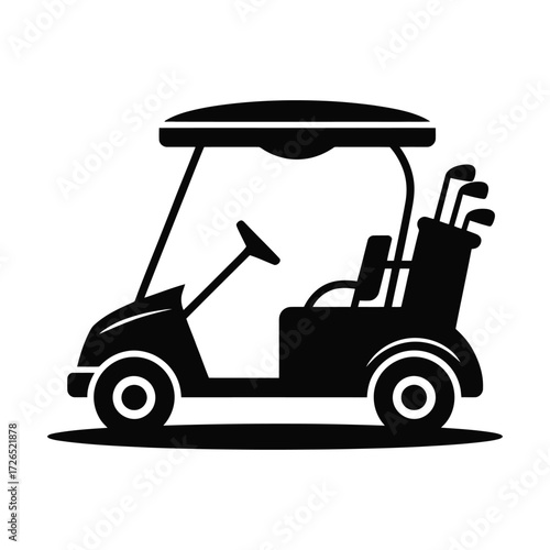 Black silhouette of a golf cart with golf clubs in the back on a white background