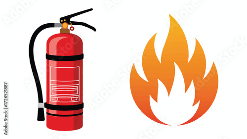 A digital illustration of a red fire extinguisher and a flame icon against a white background