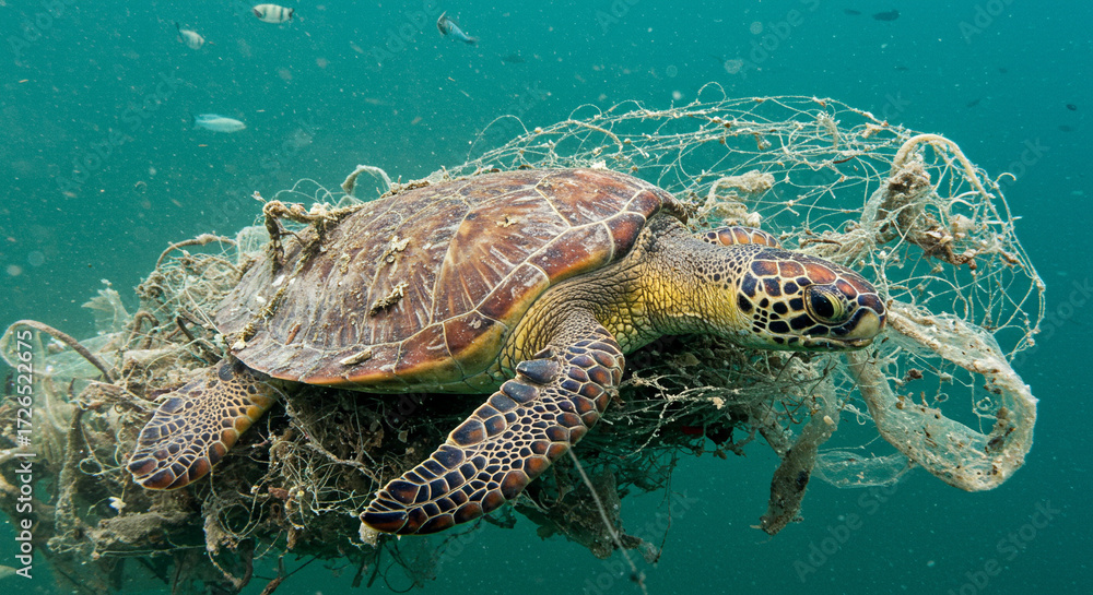 Naklejka premium Turtle Trapped in Plastic