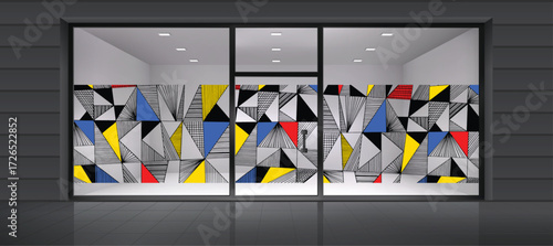 Abstract glass wall graphic with bold lines and colorful geometric shapes for modern interiors and commercial decor.