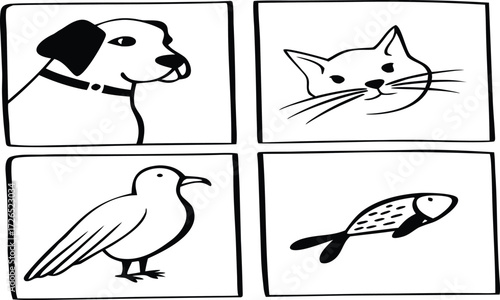 Collection of animal drawings including a dog, cat, bird, and fish