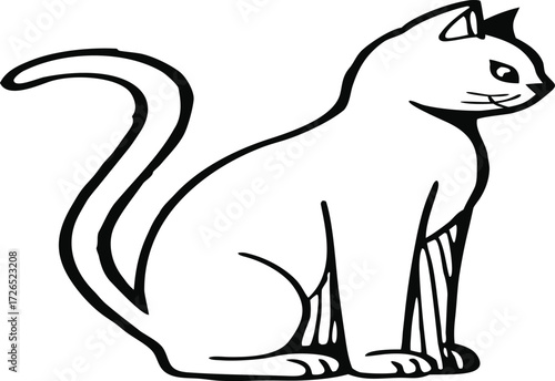 Side view of a cat sitting, a simple black and white drawing