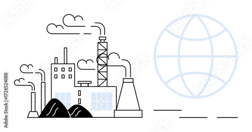 Factory with chimneys releasing smoke symbolizes industrial activity and pollution alongside a faint globe outline. Ideal for themes thumbs up climate change, sustainability, industry, environment