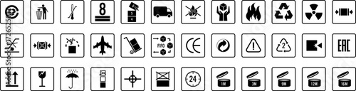 Minimal vector icon set of cardboard packaging, including boxes, parcels, cartons, shipping containers, and delivery symbols. Perfect for logistics, e-commerce, courier services, packaging design, and