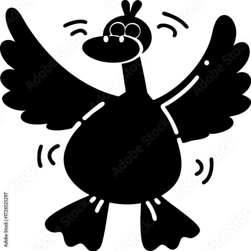 Cartoon goose with joyful expression is flapping its wings energetically. simple, playful illustration captures sense of fun and movement