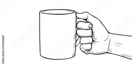 Minimalist line art illustration of a hand holding a coffee mug, simple outline drawing representing tea cup, hot drink, or beverage container. Perfect for product mockups, branding, café design