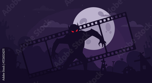 A spooky flat design illustration featuring a menacing monster silhouette emerging from a film strip, embodying the horror and fantastic elements of the Sitges Film Festival. 