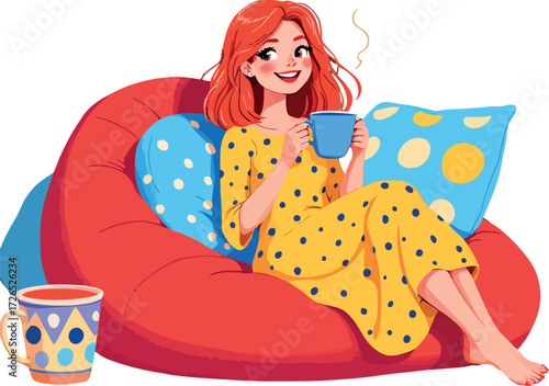 Vsai woman relaxing cozy on beanbag chair drinking coffee