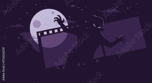 A spooky flat design illustration featuring a menacing monster silhouette emerging from a film strip, embodying the horror and fantastic elements of the Sitges Film Festival. 