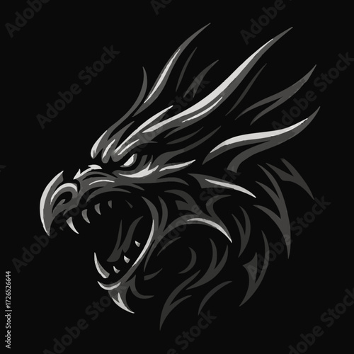 An aggressive monochrome dragon head mascot roaring fiercely. This stylized vector graphic symbol is isolated on a dark background for design concepts
