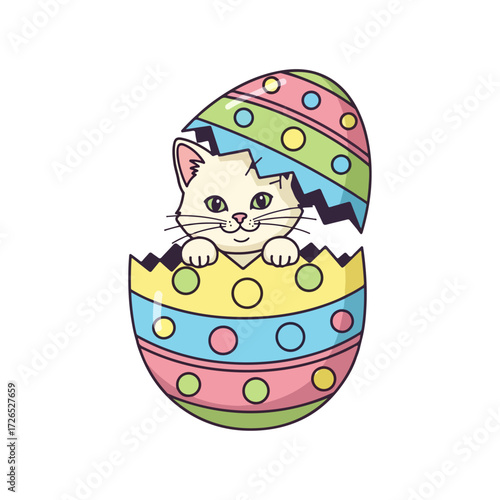 Playful Kitten Hiding in Giant Easter Egg Shell - Flat Vector Illustration