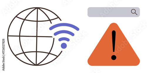 Globe with wireless signal, triangular warning sign with exclamation mark, and search bar. Ideal for internet issues, cybersecurity, warning, network troubleshooting, online safety, alertness