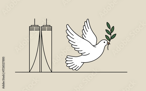 White dove with olive branch flies past twin towers