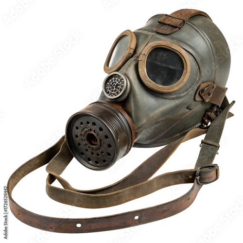 Vintage military gas mask with leather straps and metal filter historical protective gear