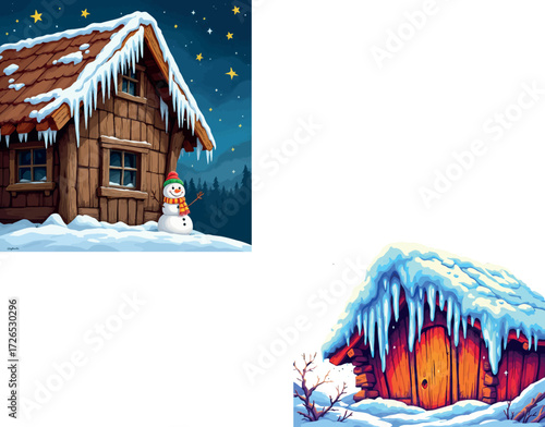 Vsai cozy winter cabin with snowman under starry night