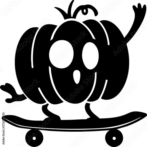 Playful pumpkin character with surprised expression rides skateboard, showcasing fun and whimsical Halloween theme. silhouette style adds unique artistic touch