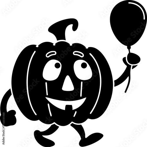 Cheerful cartoon pumpkin character with smiling face holds balloon, embodying festive Halloween spirit. simple black and white design adds playful touch to seasonal decorations