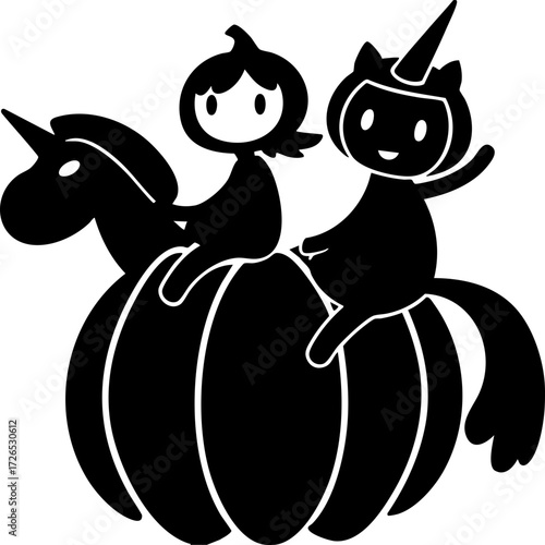 Two cute cartoon characters, one with unicorn horn and cat ears, and other with simple round head, are sitting on large pumpkin. scene is playful and whimsical