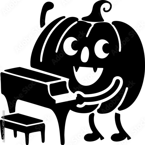 Cartoon pumpkin character joyfully plays piano, showcasing playful and festive Halloween theme. pumpkin has smiling face and whimsical design, adding charm to scene