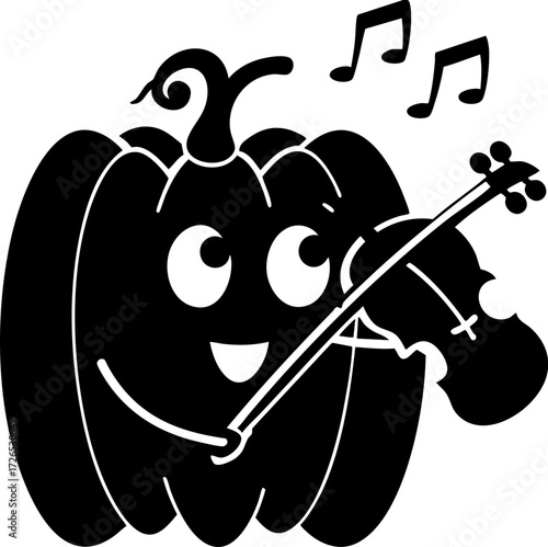Cute cartoon pumpkin character joyfully plays violin, with musical notes floating around, creating whimsical and festive atmosphere