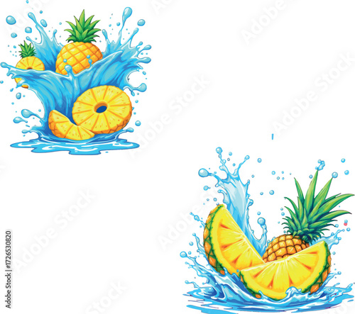 Vsai pineapple splashing in fresh water, summer fruit concept