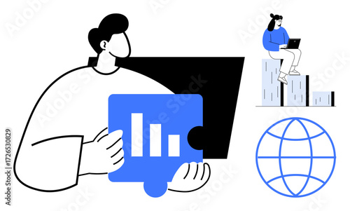 Person holding puzzle piece with graph, woman using laptop on bar chart, and globe image. Ideal for teamwork, problem solving, global reach, data interpretation, research, education technology