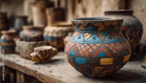 Ancient pottery display, various shapes and painted designs