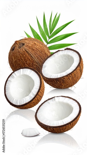 Fresh coconuts and palm leaf on white