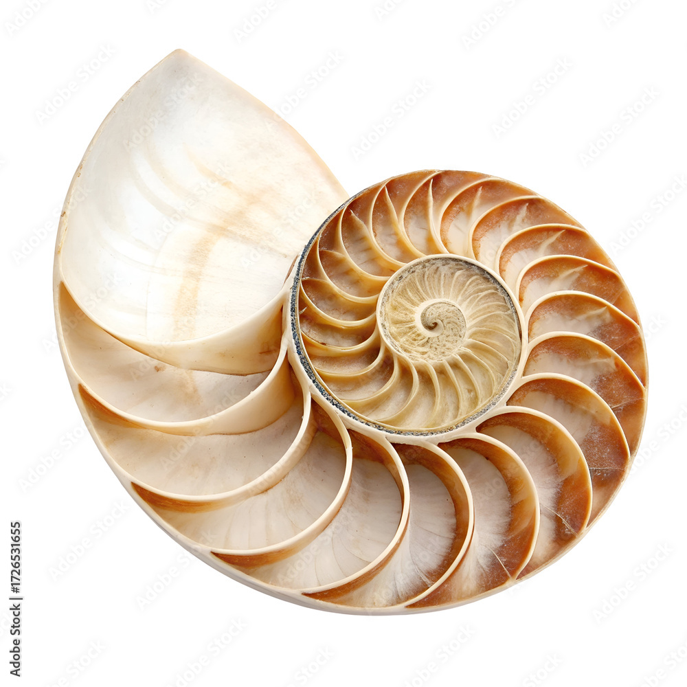Obraz premium Cross-section of a nautilus shell showcasing its intricate spiral chambers on a black background