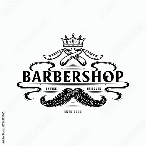 Elegant barbershop logo design featuring vintage razor blades, crown, and mustache for branding and marketing materials in the grooming industry