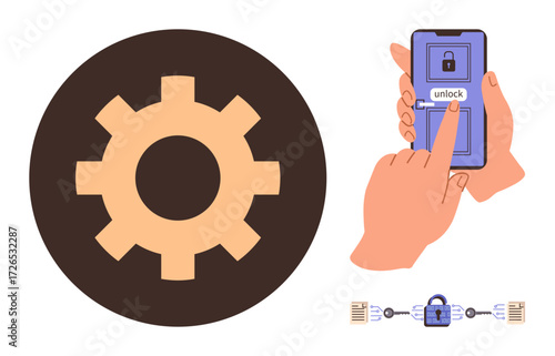 Hand unlocking smartphone via touch access, gear for system settings, and secure lock chain. Ideal for technology, security, privacy, data protection, biometrics app access encryption. Simple flat