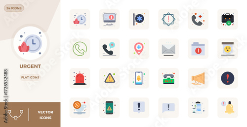 Konstfotografi Strategic bundle featuring 24 vector icons representing Urgent in Flat format, optimized with 128x128 PIXEL perfect quality for professional workflows