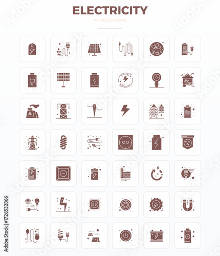 Fotografia Vector pack with 42 SolidFill PIXEL perfect icons inspired by Electricity, delivered in 128x128 resolution ideal for scalable and creative design work