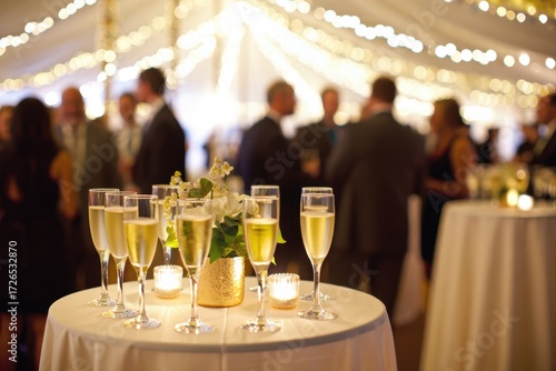 A champagne toast at a wedding reception, with guests mingling in the background under the soft glow of string lights, creating a festive atmosphere