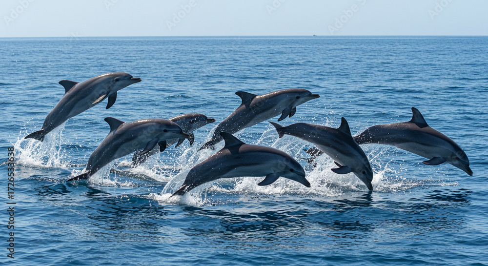 Naklejka premium Playful Dolphins Jumping in Sea