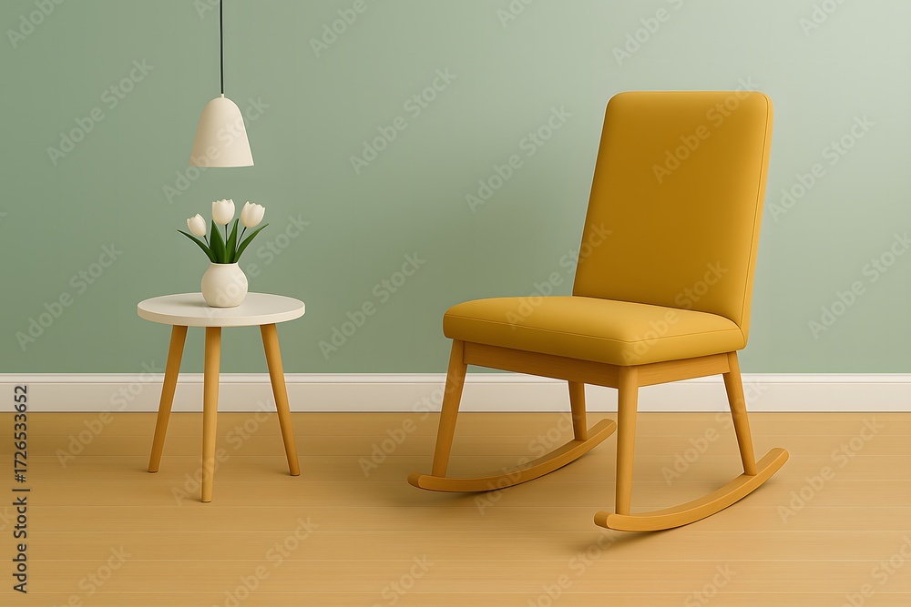 Obraz premium Modern Minimalist Living Room with Yellow Rocking Chair and White Table with Flowers under Pendant Light – Scandinavian Cozy Interior Design