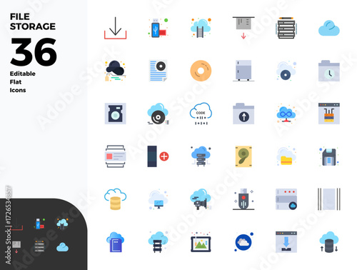 Handcrafted collection featuring 36 Flat vector icons for File Storage, optimized in 128x128 PIXEL perfect resolution for premium digital experiences.