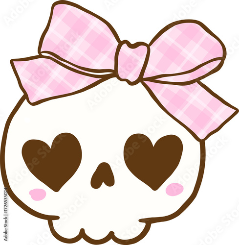 Coquette Gingham Halloween,  Cute Skull with Pink Bow Illustration Hand Drawn