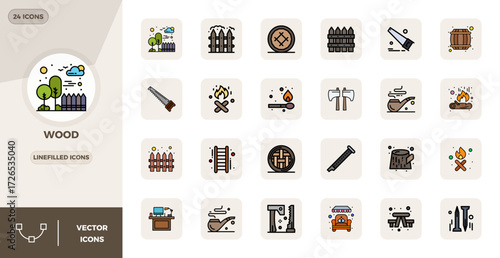 Perfectly balanced 24 LineFilled PIXEL perfect vector icons for Wood, sized at 128x128 for harmonious integration in digital design projects.