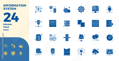 Vector pack with 24 Glyph Filled PIXEL perfect icons inspired by Information System, delivered in 128x128 resolution ideal for scalable and creative design work.