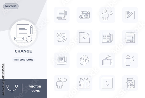 Discover a set of 16 Thin Line vector icons crafted for the Change theme, featuring 128x128 PIXEL perfect designs ideal for modern UI/UX projects.
