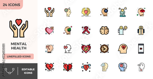 A versatile set of 24 Flat Lineal Color PIXEL perfect vector icons focused on Mental Health, delivered in crisp 128x128 format ideal for mobile and web applications.