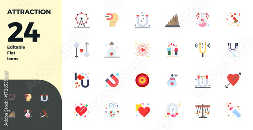 Artfully designed 24 Flat PIXEL perfect vector icons for Attraction, delivered in 128x128 format for consistent visual excellence.